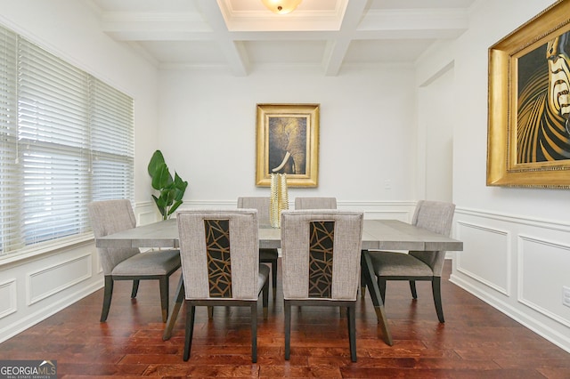 dining area featuring dark wood-type flooring, beamed ceiling, coffered ceiling, and ornamental molding