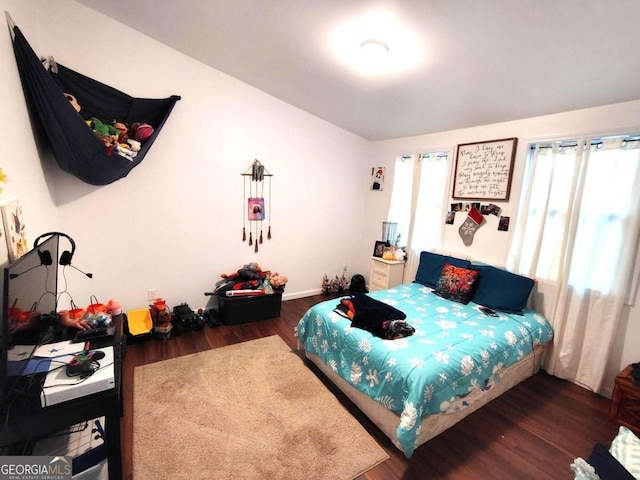 bedroom featuring dark hardwood / wood-style flooring and multiple windows