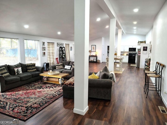 living room with vaulted ceiling and dark hardwood / wood-style floors