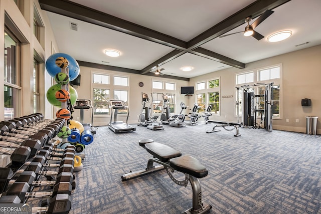 workout area with baseboards, visible vents, a ceiling fan, and carpet