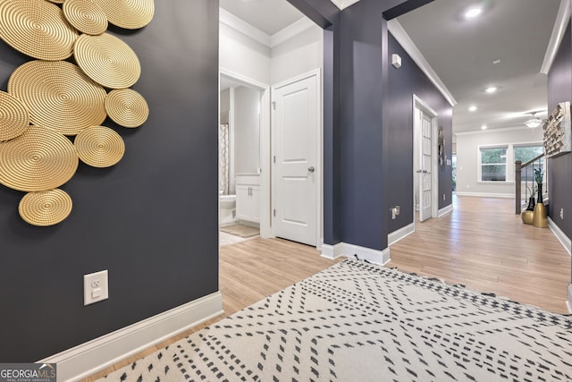 hallway with ornamental molding and light wood-type flooring