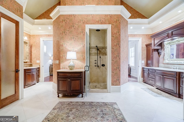 bathroom with a shower with door, high vaulted ceiling, vanity, crown molding, and tile patterned floors