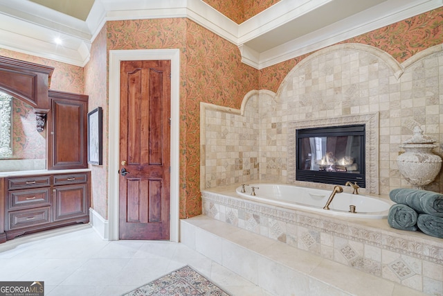 bathroom featuring a relaxing tiled tub, tile patterned floors, and crown molding