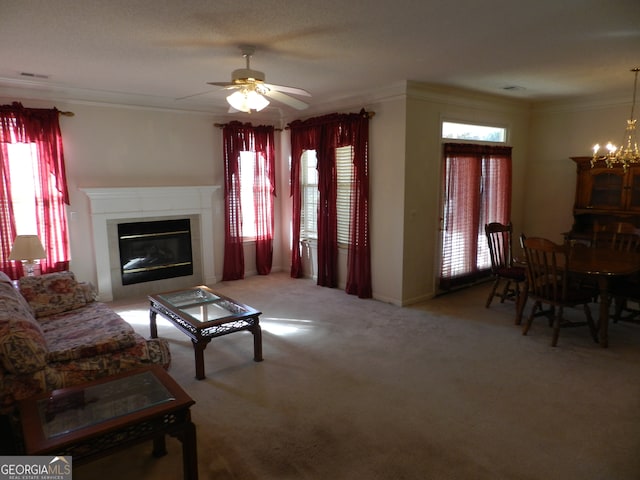 carpeted living room featuring ceiling fan with notable chandelier, a fireplace, a healthy amount of sunlight, and crown molding