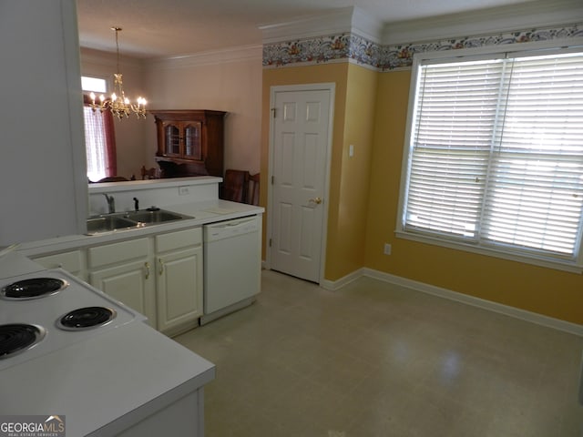 kitchen featuring a notable chandelier, hanging light fixtures, sink, white cabinets, and dishwasher