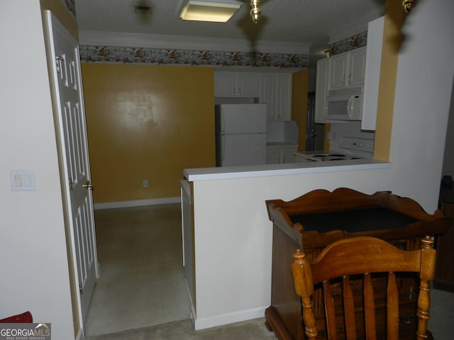 kitchen featuring white cabinetry, light carpet, kitchen peninsula, ornamental molding, and white appliances