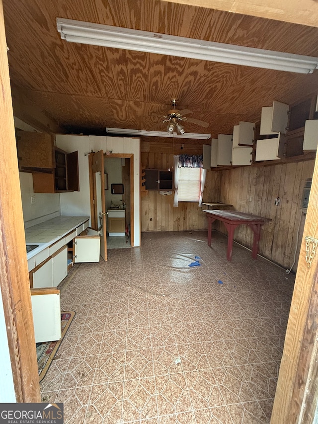 kitchen with wood walls and ceiling fan