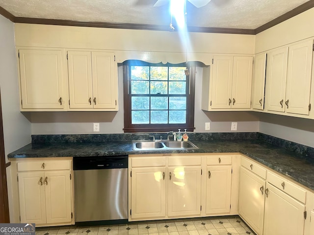 kitchen featuring dishwasher, white cabinetry, sink, and ornamental molding