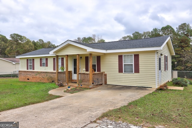 ranch-style house with a front lawn and a porch