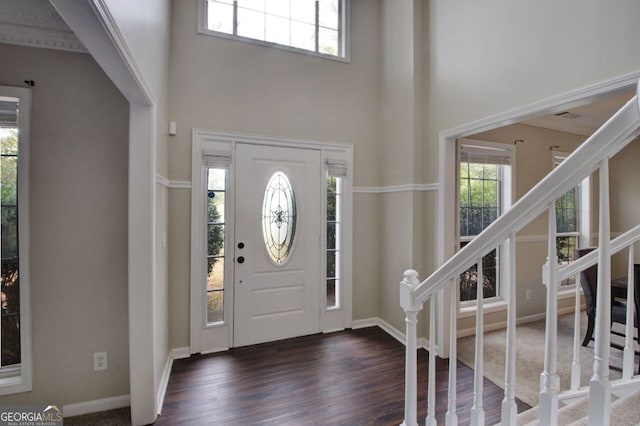 entrance foyer featuring dark hardwood / wood-style floors and a high ceiling