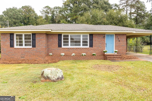 ranch-style house with a front lawn and a carport