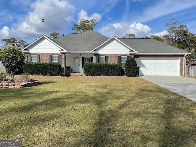 ranch-style house with a front yard and a garage