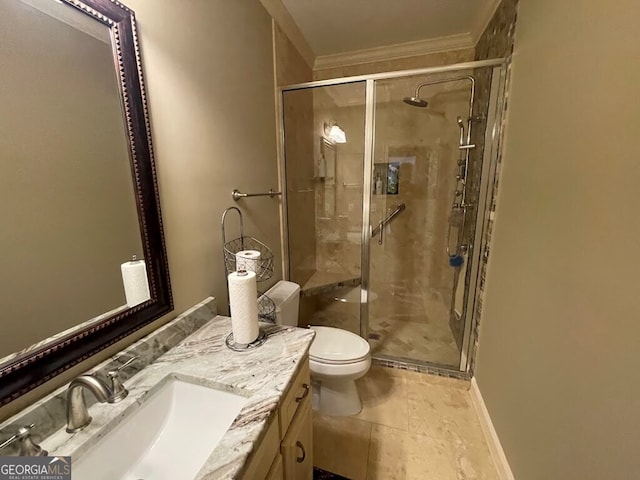 bathroom with ornamental molding, vanity, an enclosed shower, tile patterned floors, and toilet