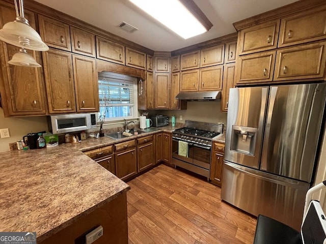 kitchen with appliances with stainless steel finishes, hanging light fixtures, light hardwood / wood-style floors, and sink