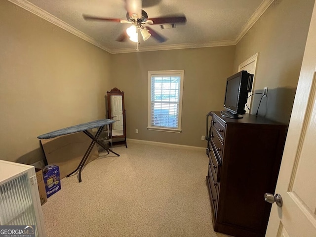 miscellaneous room featuring light carpet, crown molding, and ceiling fan