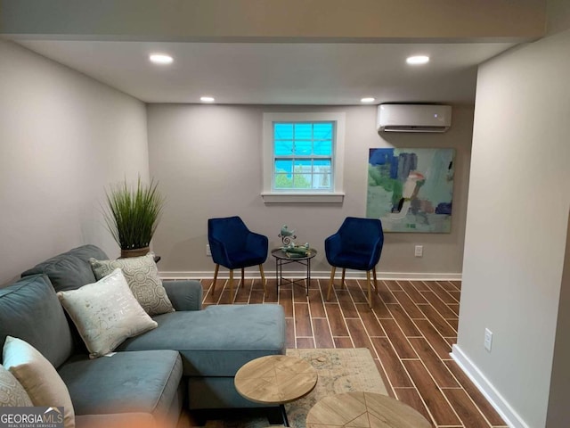 living area with dark wood-type flooring and a wall mounted AC