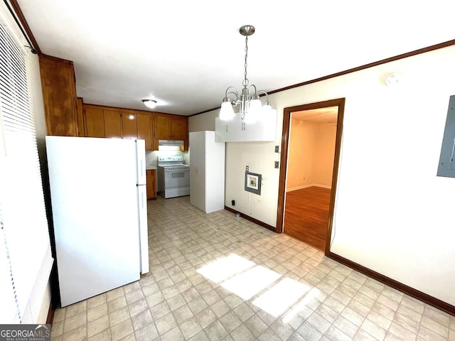 kitchen with decorative light fixtures, a notable chandelier, ornamental molding, and white appliances