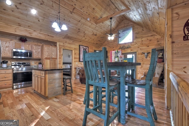 kitchen with stainless steel appliances, wooden ceiling, wood walls, and decorative light fixtures