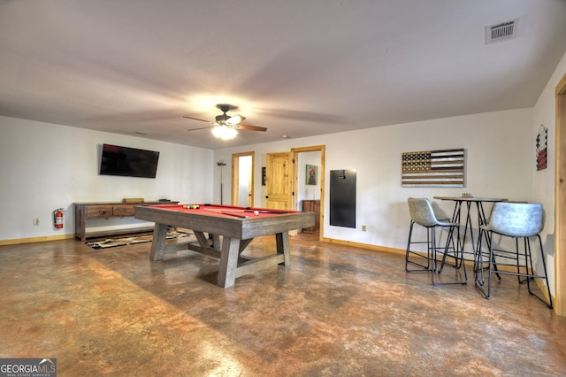 game room featuring pool table and ceiling fan