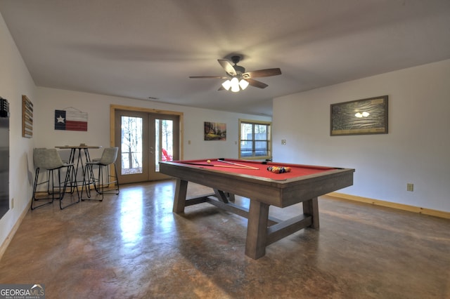 playroom with french doors, ceiling fan, and billiards