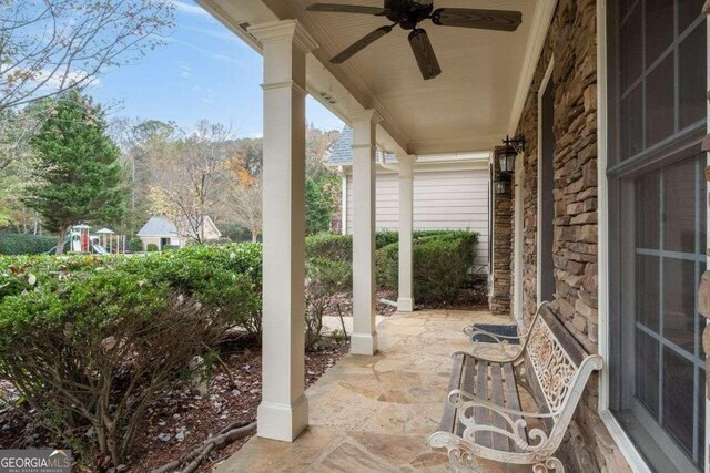 view of patio / terrace featuring a porch and ceiling fan