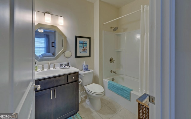 full bathroom with shower / tub combo, ceiling fan, vanity, tile patterned floors, and toilet