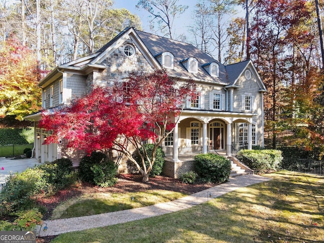 view of front of house featuring a front yard, a porch, and a garage