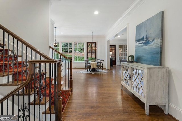 hallway with a chandelier, dark hardwood / wood-style floors, and ornamental molding