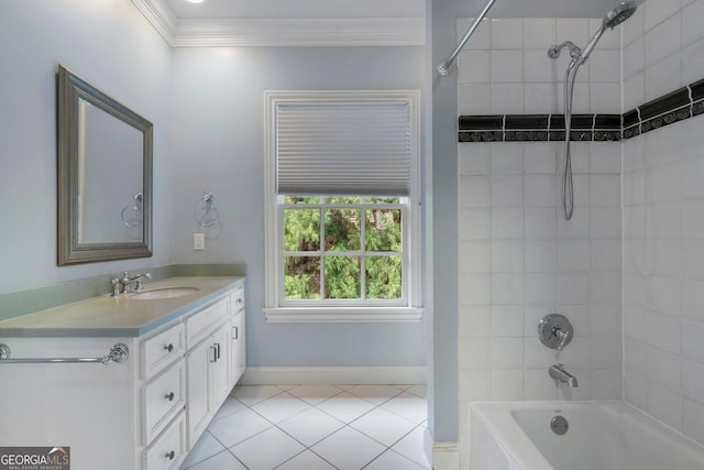 bathroom featuring tile patterned floors, vanity, crown molding, and tiled shower / bath combo