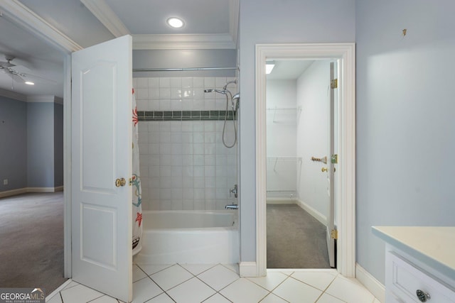 bathroom with vanity, shower / bath combination with curtain, tile patterned flooring, ceiling fan, and ornamental molding