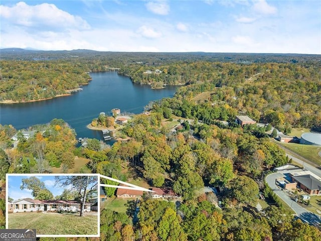 aerial view featuring a water view