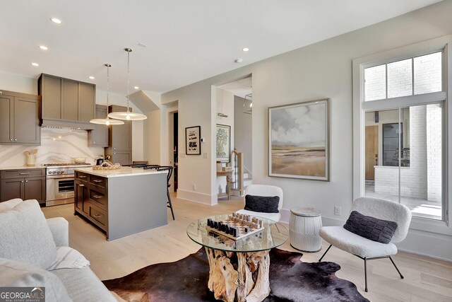 kitchen with gray cabinets, tasteful backsplash, decorative light fixtures, light hardwood / wood-style floors, and stainless steel appliances