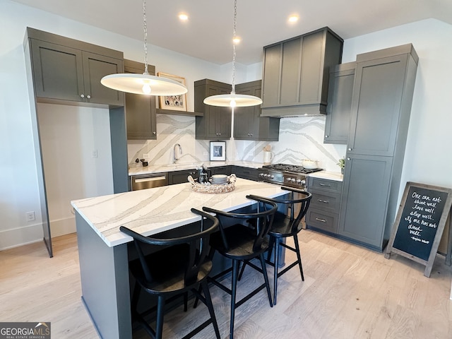 kitchen featuring a sink, light stone counters, stainless steel dishwasher, and light wood finished floors