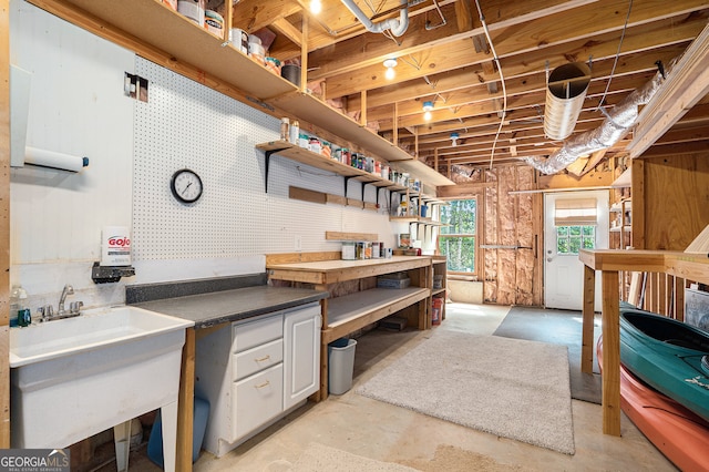 basement featuring a workshop area and sink