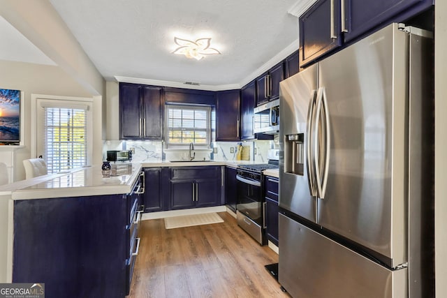 kitchen with light hardwood / wood-style flooring, sink, appliances with stainless steel finishes, and a healthy amount of sunlight