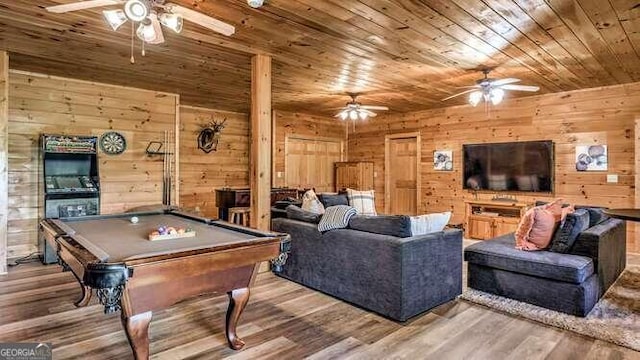 game room with pool table, wood-type flooring, wooden walls, and wooden ceiling