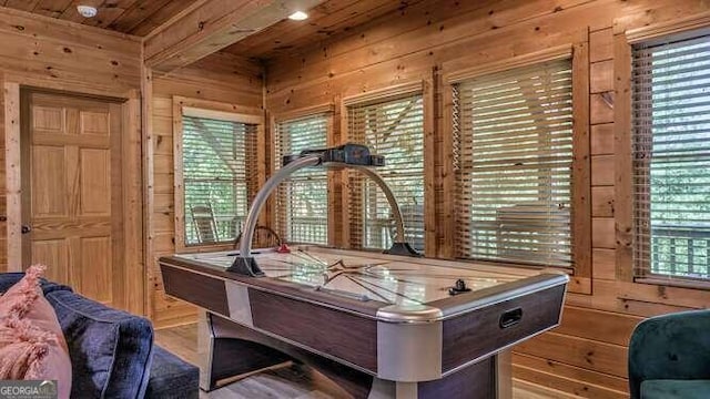 playroom featuring wood walls, wood ceiling, wood-type flooring, and a healthy amount of sunlight