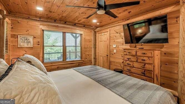 bedroom featuring wooden walls, wood ceiling, and ceiling fan