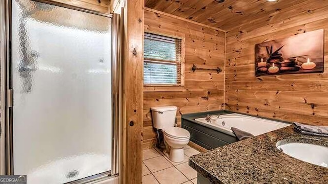 full bathroom with tile patterned floors, vanity, wood walls, plus walk in shower, and wood ceiling