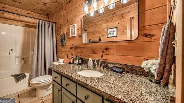 full bathroom with wood walls, wooden ceiling, vanity, shower / bath combo, and tile patterned floors