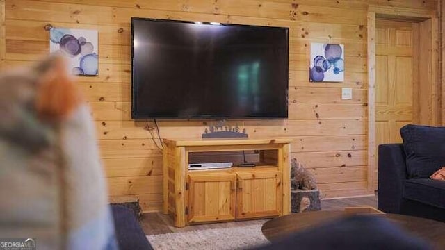 living room featuring wood walls and hardwood / wood-style floors