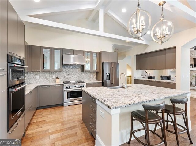 kitchen featuring premium appliances, tasteful backsplash, gray cabinetry, a sink, and under cabinet range hood