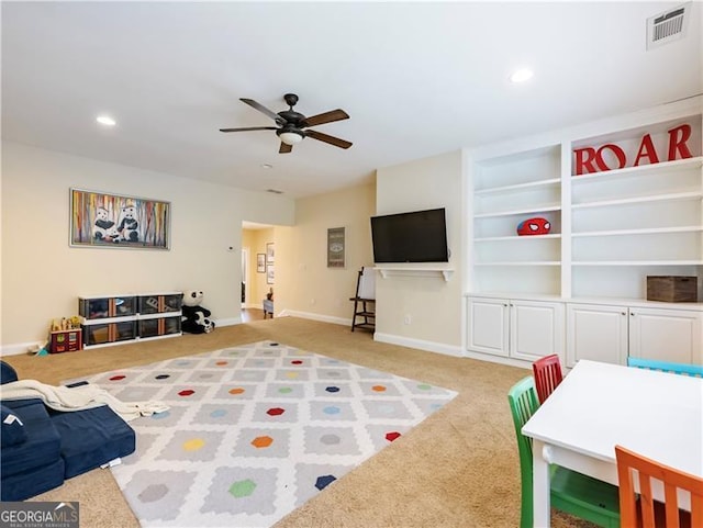 game room featuring ceiling fan, recessed lighting, visible vents, built in features, and baseboards