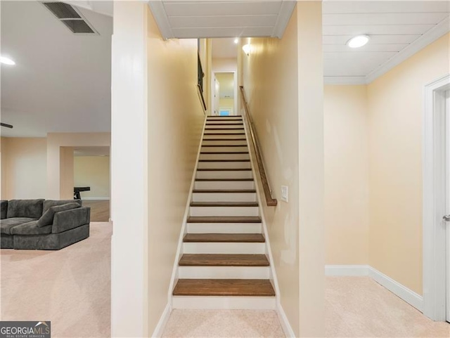 staircase featuring recessed lighting, carpet, visible vents, and baseboards