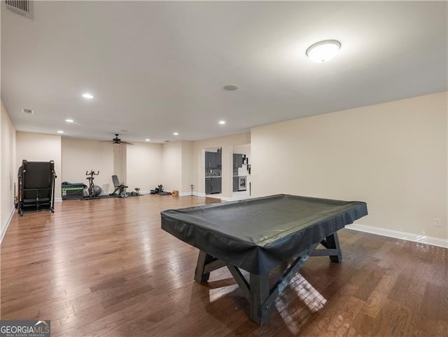 playroom with recessed lighting, wood finished floors, visible vents, and baseboards