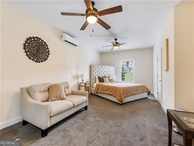 carpeted bedroom with a wall unit AC, ceiling fan, and baseboards