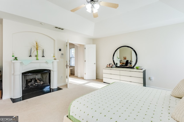 carpeted bedroom featuring ceiling fan