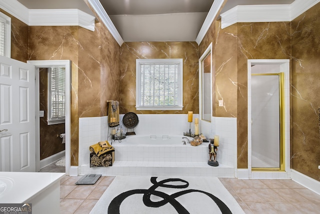 bathroom featuring shower with separate bathtub, tile patterned floors, and ornamental molding