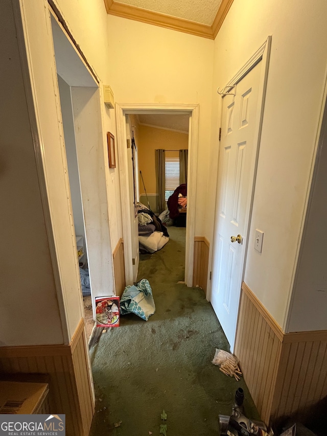 corridor with carpet flooring, ornamental molding, and wood walls