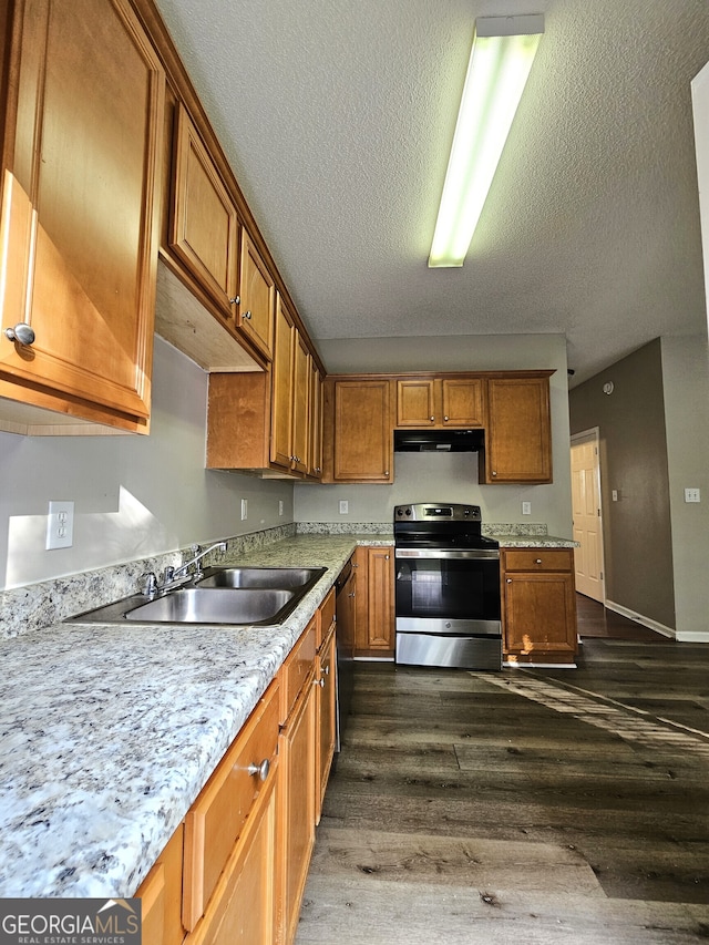 kitchen with stainless steel electric range, black dishwasher, a textured ceiling, sink, and dark hardwood / wood-style floors